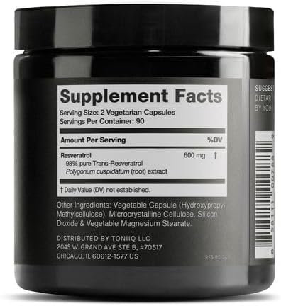 Toniiq Ultra High Purity Resveratrol Capsules - 98% Trans-Resveratrol - Highly Purified and Bioavailable - 180 Caps Reservatrol Supplement