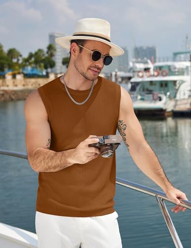 COOFANDY Mens Muscle Tank Tops Knitted Casual Tank Shirts Sleeveless Vacation Shirts Brown — view 4
