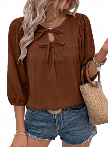 SHEWIN Womens Blouses 3/4 Sleeves Summer Tops for Womens Fall Dressy Casual Babydoll Puff Sleeve Tie Front Brown Tops 2026 Elegant Loose Ladies Shirts Trendy Boutique Clothes Medium