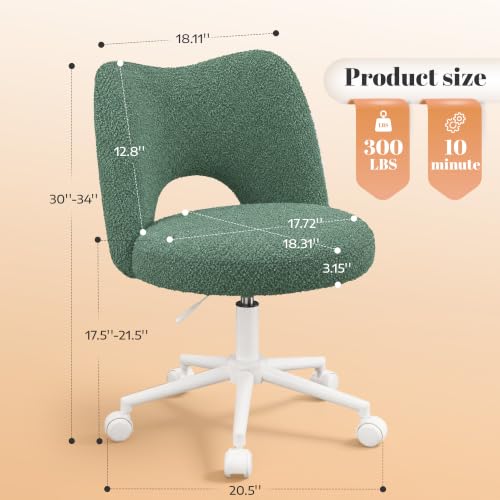 Image of DurayLoly Vanity Chair with Wheels,Open Back,Armless,Green | Soft Teddy Fabric, 6 inch Thick Cushion, Height Adjustable, 300 lbs, 360 Swivel for Vanity Table, Home Office
