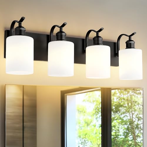 Image of Black Vanity Light, 4-Light Bathroom Light Fixture, Modern Wall Sconce with Milk Glass, VL01BKW-4