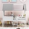 Twin Size Low Loft Wood House Bed with Two Side Windows WhiteGray