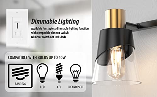 Bathroom Light Fixtures Over Mirror 20.47 inch Vintage Vanity Light Fixtures Black and Gold Design with Bevelled Edge and Clear Glass Shade Wall Lamp (3 Lights) - Thumbnail 4