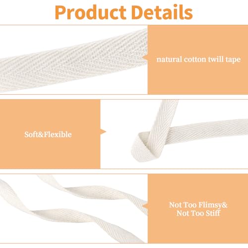 Soft Natural Twill Tape Ribbon Herringbone Webbing Sewing for DIY Craft Making, 100% Cotton Ribbon for Packing Garment Accessories Handmade Seed Tape (Beige)