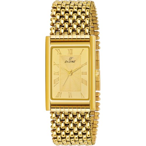 Dezine Men's Gold Plated Rectangular Dial Wrist Watch for Men with Premium Metal Strap, Roman Numeral Display, Quartz Movement, Elegant Formal & Analog Watch, Ideal Gift for Men