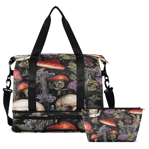 Skull and Mushrooms Duffel Bag Lightweight Carry On Gym Bags for Travel and Weekends, Versatile Overnight Bag with Shoe Compartment2