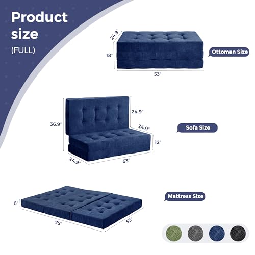 Image of MAXYOYO 6 inch Folding Sofa Bed for Floor, Tufted Tri-Fold Floor Mattress with Chenille Fabric, Full Size Portable Sofa Couch Guest Mat for Adults, Foldable Topper for Camping, Navy, 53 inchx75 inch