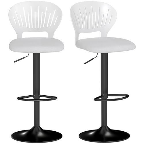 HOMCOM Juego de 2 Taburetes Altos de Cocina Giratorios en 360°, Taburetes de Bar Regulables en Altura de 84-105 cm, Respaldo Hueco, Reposapiés, para Comedor, Mostrador, Blanco