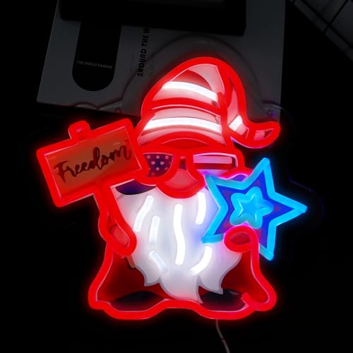 Image of USA 4th of July Neon Signs Gnome Neon Lights Patriotic Gnomes Decor for Home,Office,Business,Memorial Day,Independence Day Gift Art for Boys Girls -13 x 12.8 IN-USB Powered-Acrylic