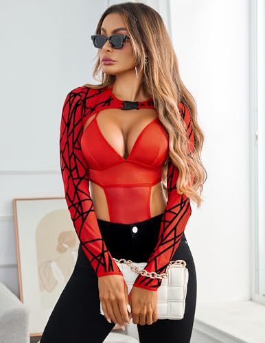 Image of Avidlove Rave Outfits for Women Festival Sexy Lingerie Bodysuit 2 Piece | Buckle shrug crop top halter bodysuit set, snap closure, breathable mesh, for concerts and club nights
