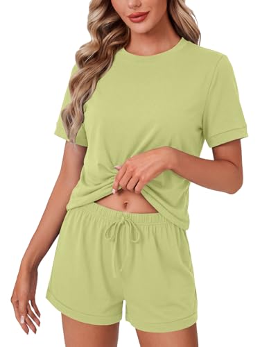 Image of LYANER Pajama Set for Women 2 Piece Lounge Set Striped Crew neck Short Sleeve Tops and Shorts Soft Sleepwear