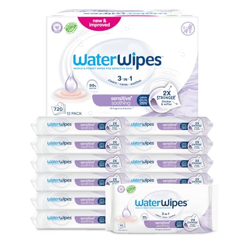 WaterWipes Sensitive+ Soothing Wipes, 720 Count (12 Packs), 3-In-1 Cleans, Cares, Soothes, 99% Water with Botanical Extract, Unscented Baby Wipes