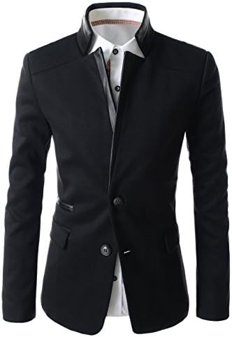 TheLees (LPJ03) Mens Slim Fit China Collar Leather Patched 2 Button Blazer Black US XXS(Tag Size M)