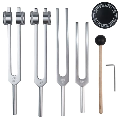 Tuning Forks for Soubd Healing Set 128HZ, 136.1HZ, 256HZ, 384HZ Sound Therapy Chakra Energy Healing Tuning Forks with Activator 4 pcs Meditation Tuning Fork Set