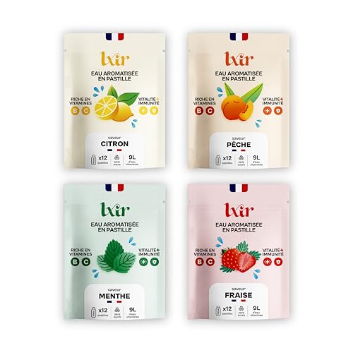 LXIR DRINK - Eau aromatisée en pastille sans sucre - Boisson multivitamines - Vitamines C et B - Hydratation quotidienne - Beauté de la peau - Vitalité - 48 pastilles - Citron/Pêche/Menthe/Fraise