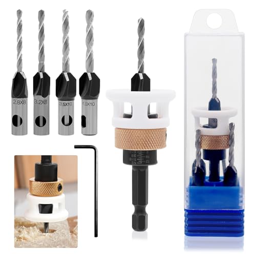 NVGFTG Juego de 6 brocas avellanadoras cónicas con tope de profundidad, avellanador para madera con vástago hexagonal de 1/4 pulgadas, broca previa con avellanador, broca avellanada para carpintería