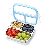 DOCMON Stainless Steel Snack Containers, 3 Compartments Reusable on and go Bento Box with Lids for Kids, Lunch Box Pre Meal Storage for School Office Outdoor Camping Travel - Blue