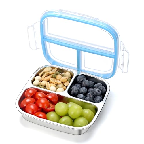 DOCMON Stainless Steel Snack Containers, 3 Compartments Reusable on and go Bento Box with Lids for Kids, Lunch Box Pre Meal Storage for School Office...