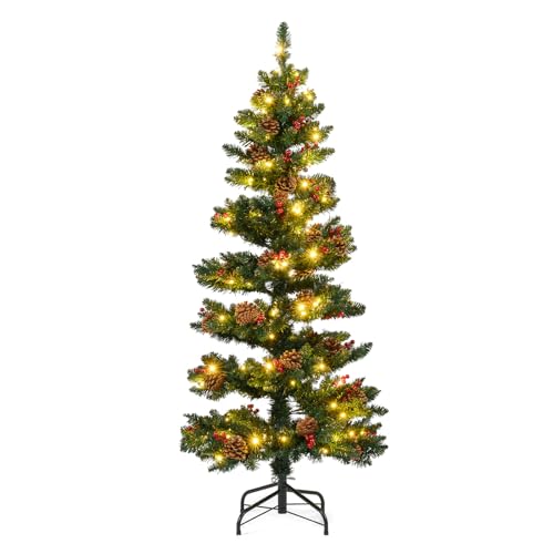 COSTWAY 4FT/5FT Pre-Lit Spiral Christmas Tree, Artificial Xmas Trees with LED Lights, Red Berries and Natural Pine Cones, Festival Decoration for Daily and Holiday Decoration (150 cm)