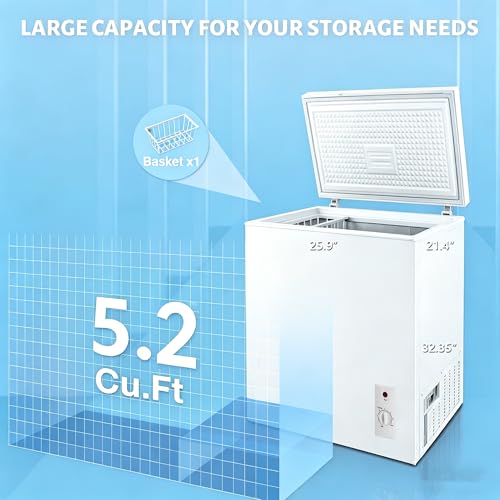Image of Compact Deep Freezer, 5.2 Cu Ft Chest Freezer with 6 Adjustable Thermostat, Top Open Door Freezer with Removable Basket, Energy Saving Freezer for Home, Apartment, Office, White