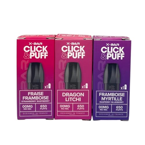 Pack de 3 cartouches réutilisables- compatible avec Batterie rechargeable (sans nicotine ni tabac) (Fraise Framboise, Dragon Litchi, Myrtille Framboise)