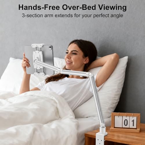 Image of Portable Monitor Stand 15.6 inch, Heavy Duty Tablet Arm Mount with Desk Clamp | Sag-Free Adjustable iPad Holder for Bed, 360 Foldable Arm Fits 4.7 inch to 18.5 inch iPad Pro /Air /Mini, Thick Case Friendly, White