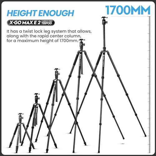 Image of Fotopro 68 inch Carbon Fiber Travel Tripod, Heavy Duty Camera Tripod with Ball Head, Detachable Monopod with Quick Release Plate and Bag, Load up to 12KG /26lbs
