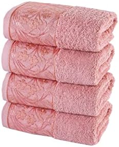 HALLEY Decorative Hand Towels Set, 4 Pack - Turkish Towel Set with Floral Pattern, Highly Absorbent & Fade Resistant Fabric, 100% Cotton - Pink