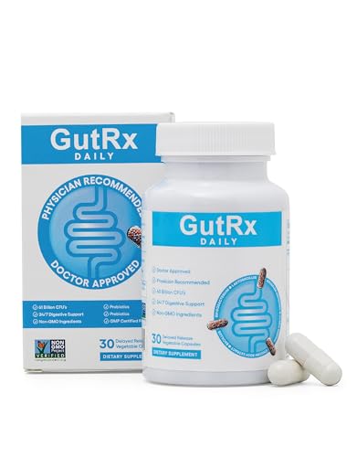 GutRx Daily Probiotics for Women & Men with Bifidobacterium Longum & Prebiotics for Gut Health, Gluten Free Probiotics for Digestive Health – 61 Billion CFU, 30 Ct Enteric Coated Capsules
