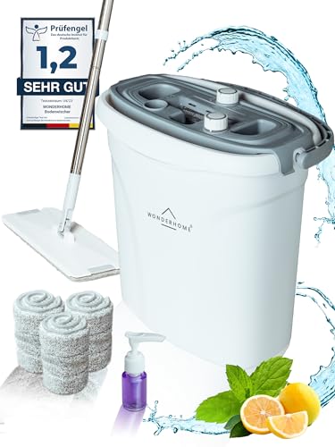 WONDERHOME Wischmopp Set mit Eimer – Bodenwischer mit 3-Kammersystem - Wischer mit großvolumigen Putzeimer - Mopp-Set - Wischmopp mit Auswringfunktion - Hydro Inkl. Seifenspender WONDERHOME Wischmopp Set mit Eimer – Bodenwischer mit 3-Kammersystem - Wischer mit großvolumigen Putzeimer - Mopp-Set - Wischmopp mit Auswringfunktion - Hydro Inkl. Seifenspender