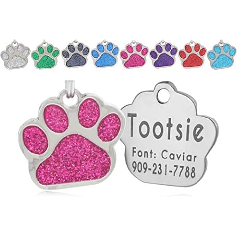 io tags Pet ID Tags, Personalized Dog and Cat Tags, Custom Engraved, Easy to Read, Cute Glitter Paw Tag (Pink) Cover