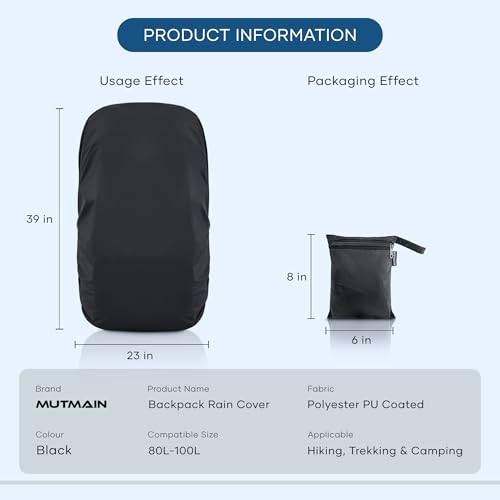 Image of MUTMAIN Waterproof 80L to 100L Rain Cover for Rucksack Backpack Bag, Suitable Bags Cover for Hiking, Camping & Trekking XXL Bag, Two Side Adjustable Buckle and Elastic Protect from Rain (Black)