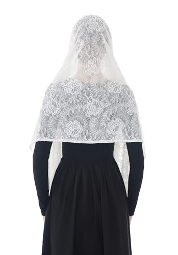 Wgior Elegant Floral Catholic Church Veil, Soft Mantilla Chapel Prayer Scarf Wrap Shawl Headscarf (White) - Thumbnail 6