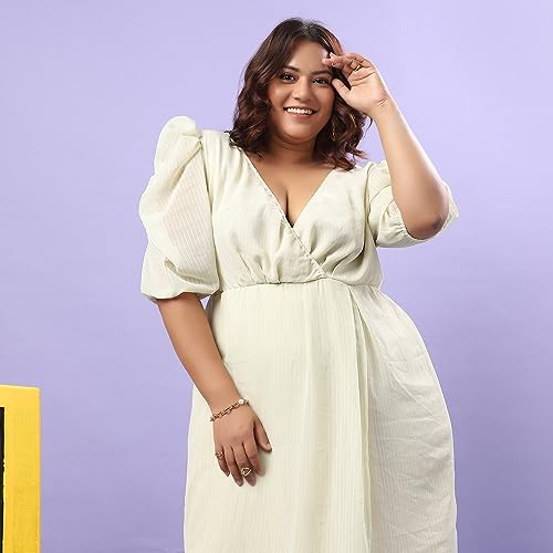 Image of Instafab Plus Women's Baby Pink Petal Hem Dress for Casual Wear | Puff Sleeve | Polyester Fabric | V-Neck Dress Crafted with Comfort Fit for Everyday Wear
