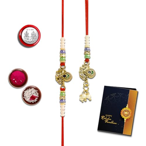 Image of Oblivion Rakhi Set for Bhai and Bhabhi -Peach Bead for Bhai 1 Pc and Lumba for Bhabhi 1 Pc - Silver Color Pooja Coin and Greeting Card Combo