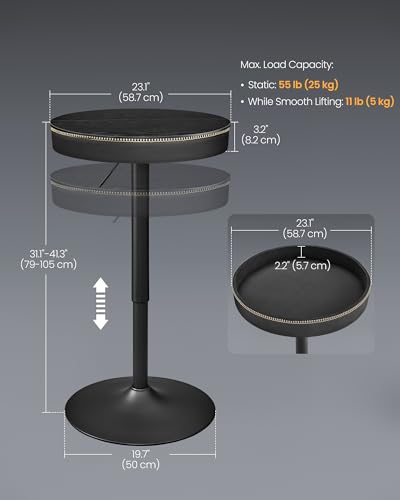Image of VASAGLE Height Adjustable Bar Table, Round High Pub Table with Storage | PU Leather with Stitching, Transitional, Ink Black, EKHO Collection ULBT022B01