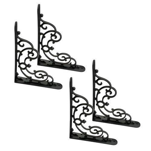 Image of Metal Handcrafted Shelf Bracket for Floating Shelves, L Angle Decorative L Shaped Corner Brace Joint Heavy Duty Wall Mounted Shelf Supporter, Corner Brace Holder | (Pack of 1 Pair, Black)