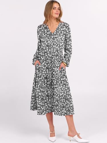 Image of ANRABESS Women's Long Lantern Sleeve Floral Midi Dresses 2026 Fall V Neck Casual Flowy A-line Tiered Boho Vacation Dress