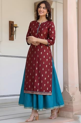 Image of Janasya Women's Silk Blend Foil Printed Anarkali Ethnic Dress with Inner