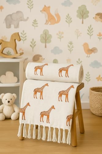 Image of Premium Cotton Giraffe Printed Throw Blanket | 50x60 Inches Multicolor Design Throw for Sofa, Chairs, Bedroom & Home | Skin-Friendly & Lightweight | 200 Thread Count