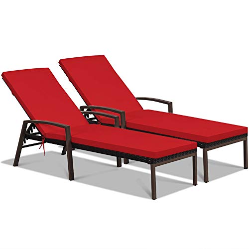 Dortala Set Of 2 Patio Chaise Lounge, Outdoor Wicker Rattan Chaise With Adjustable Backrest And Armrest For Beach Pool Yard, Rattan Sun Lounger With Padded Cushion, Red #TOP19