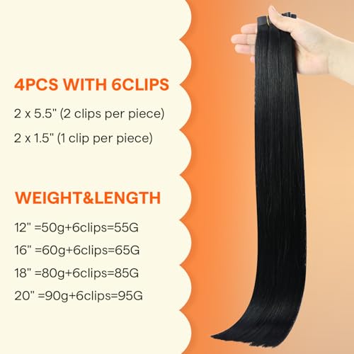 Image of Full Shine Seamless Clip in Hair Extensions, Jet Black, Soft Texture | Invisible PU Weft, 18 Inch 85g 4 Pcs, Fills Thinning Areas for Everyday Styling