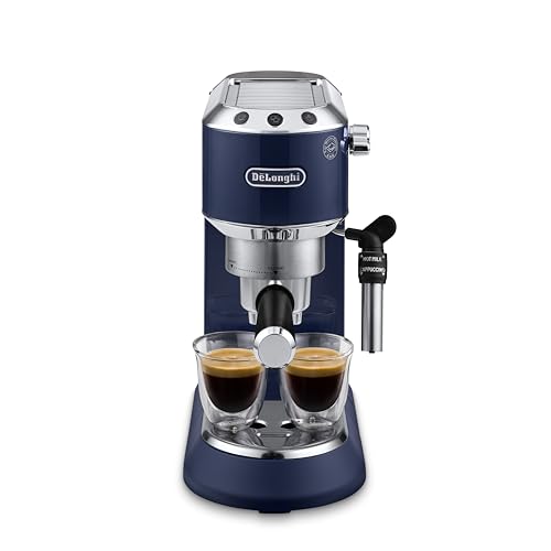 Image of De'Longhi Dedica Style - Perfetto Compact Manual Espresso Machine, Manual Milk Frother for Espresso and Cappuccino, Compatible with ESE Single Doses, Button Panel, Width 15 cm, Blue (EC685.BL)
