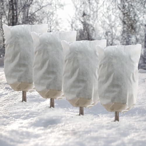 DazSpirit 4 Packs Plant Fleece Frost Protection, 60 x 80 cm Non-Woven Garden Fleece Frost Protection with Drawstring, Plant Covers for Winter to Protect Outdoor Plants, Frost, Insects