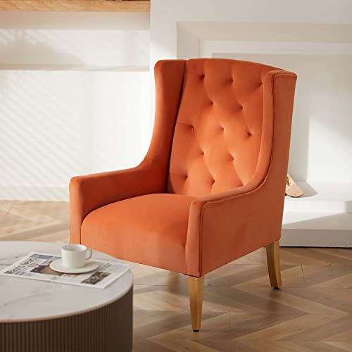 Lovspatio Mid-Century Accent Chair,Button Tufted Velvet Armchair With High-Back Rest,Big Cushioned Seat And Solid Wood Legs For Living Room Bedroom (Orange) #TOP1
