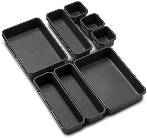 DivinextPlastic Set of 8 ( Dark Grey ) Interlocking Drawer Organizer for Cutlery & Desk Storage Set, Divider or Separator Trays for Household, Kitchen & Office