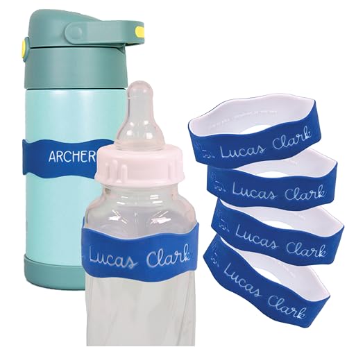 Image of InchBug Orbit Labels Baby Bottle and Water Bottle Silicone Name Bands – Personalized Reusable Label Set for Daycare, Sippy Cups, Preschool, Elementary School, Dishwasher Safe, 4-Pack (Nautical Navy)