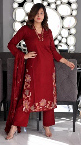 Image of GoSriKi Kurta Set for Women Viscose Embroidered | Kurti Set for Woman | Kurta Palazzo Dupatta 3 Piece Outfit | V Neck 3 /4 Sleeve Regular Fit Ethnic Dress Stylish Womens Clothing Trendy Outfit