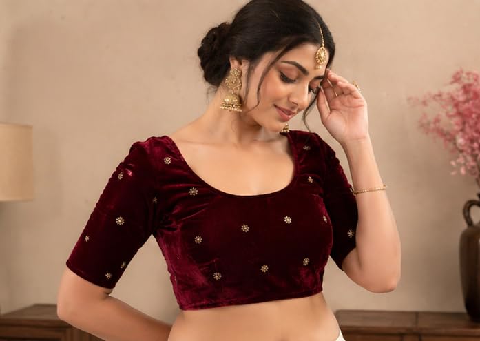 Image of Velvet Readymade Blouse for Women, Elegant, Comfortable, Stylish, Saree Choli Top, Traditional, Size S, M, L, XL, XXL