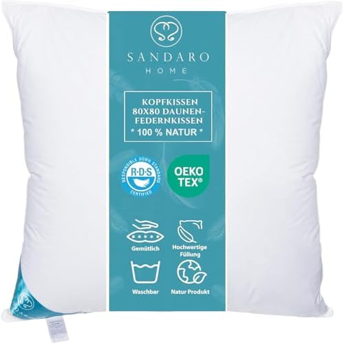 Sandaro Home Kopfkissen 80x80 Daunen-Federn | 3 Kammern Premium Qualität Daunenfedernkissen 80 x 80 cm,100 % Natur Bezug aus Reiner Baumwolle, Ultra-Komfort-Schlaf-Kissen, SH2 (1200Gramm)